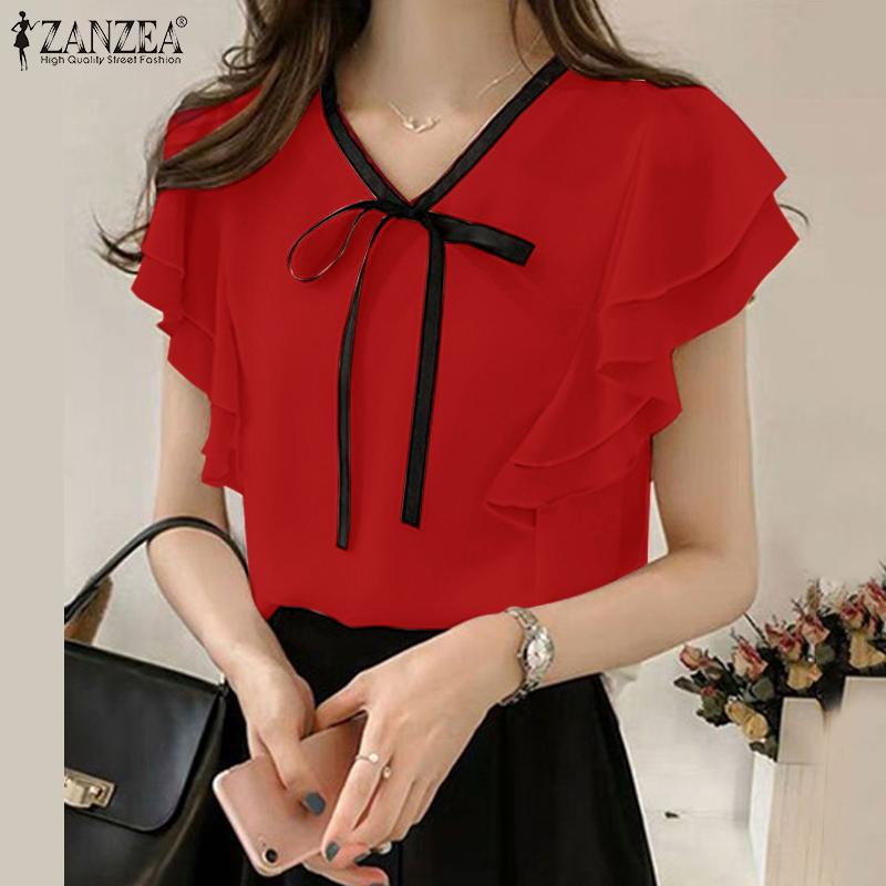 ZANZEA Womens Summer Casual Ruffles Short Sleeve Loose Blouse