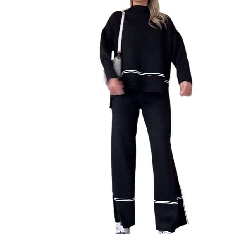 2023 Autumn European & American Color Block Striped Loose Casual Knitted Set