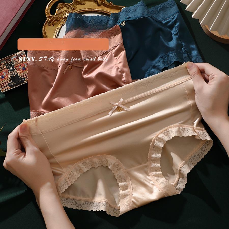 Women Luxury Satin Panties Tummly Control Summer Sexy Lace Briefs High Waist Plus Size Cotton Crotch Breathable Underpants Lingerie Underwear