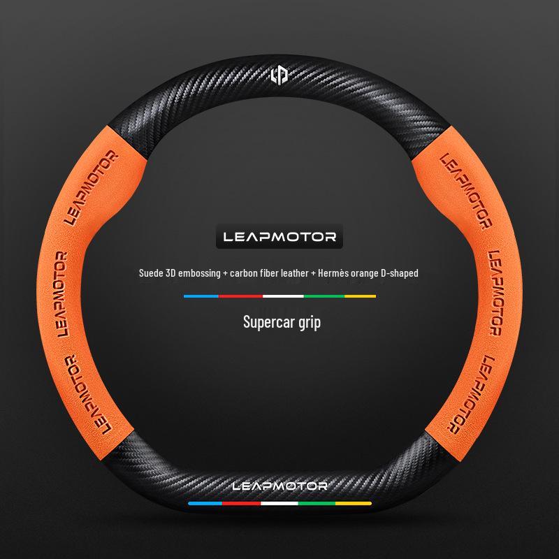 Universal Non-Slip Suede 3D Embossed Genuine Leather Steering Wheel Cover for All Seasons