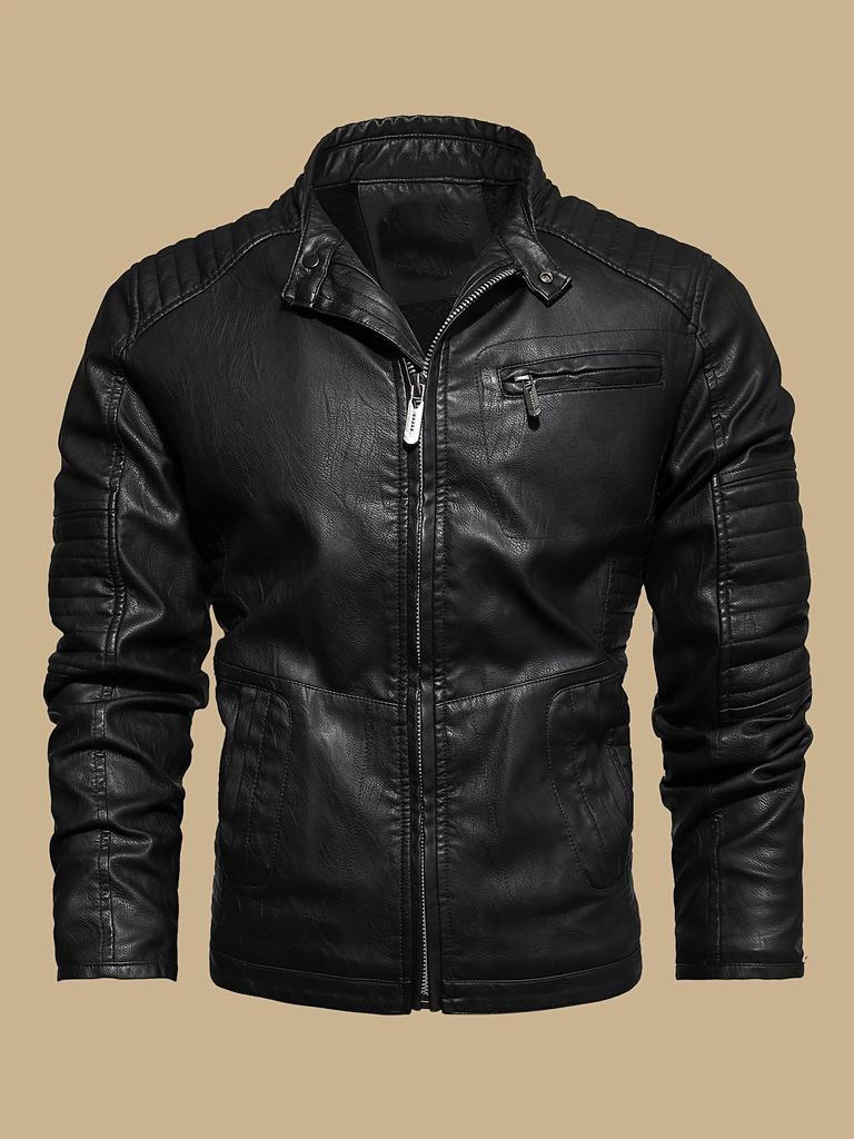 Vintage-Inspired Men's Faux Leather Jacket - Windproof, Warm Fleece Lined, Multi-Pocket Design for Motorcycle Riding & Casual Wear