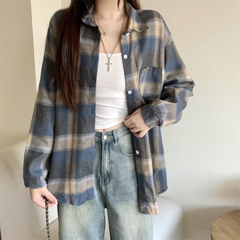 1116 New Spring and Autumn Design Plaid Shirt Jacket Women's New Loose Casual Meat Cover Medium and Long Shirt