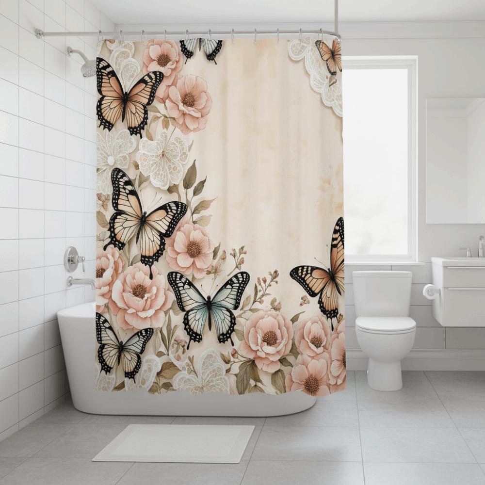 Modern Floral Printed Bathtub Curtain Metal Buttonhole Bath Sheer Dormitory