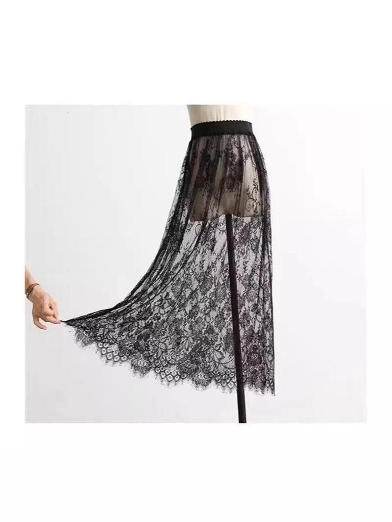 2025 Autumn/Winter French Retro Lace High-Waisted See-Through Slimming Loose Midi Skirt for Women