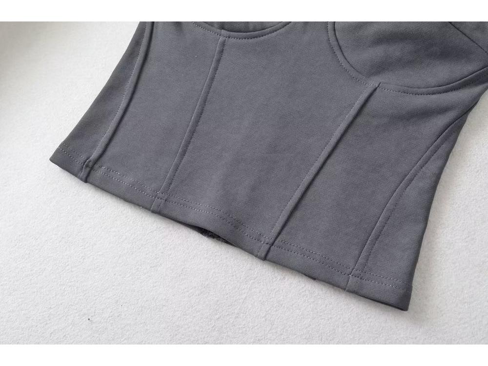 YPFF Trendy Women's Waist-Cinching Crop Top with Slimming Fishbone Waistband and Zipper Bandeau Design