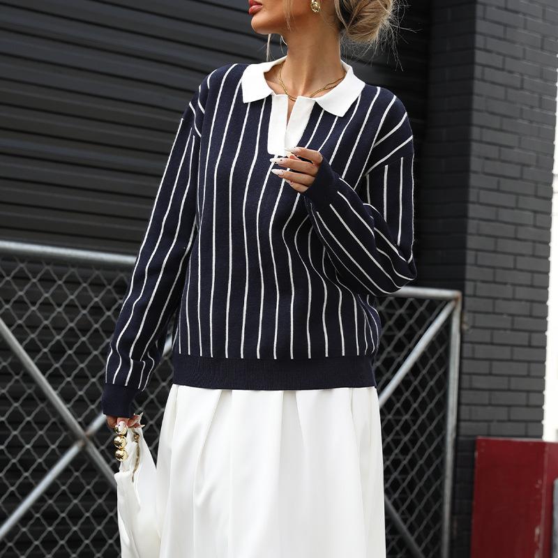 A New Autumn College Casual Street Fashion Lapel Striped Women's Sweater
