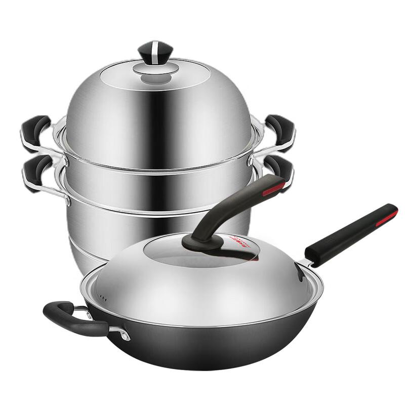 Chui Da Huang Stainless Steel Steamer and Cast Iron Wok Cookware Set