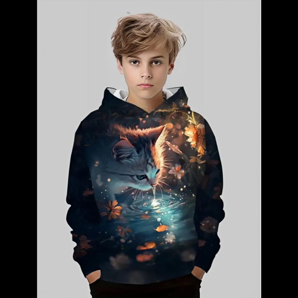 3D Kids Clothing Long Hooded Sweatshirt Girls Cute Cat Printed Clothing Kids Casual Comfortable Outdoor