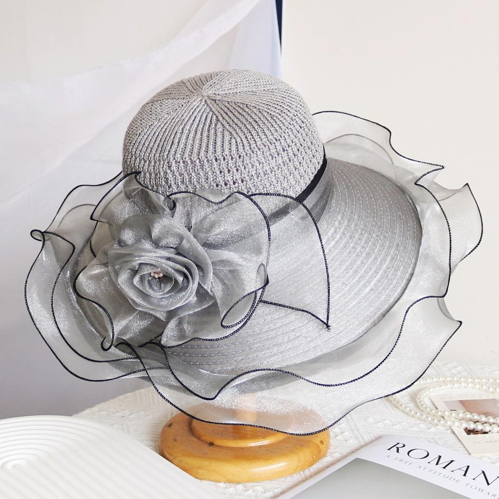 Elegant Summer Women's Sun Hat Breathable Organdy Material Foldable Design Woven Top Flower Decoration