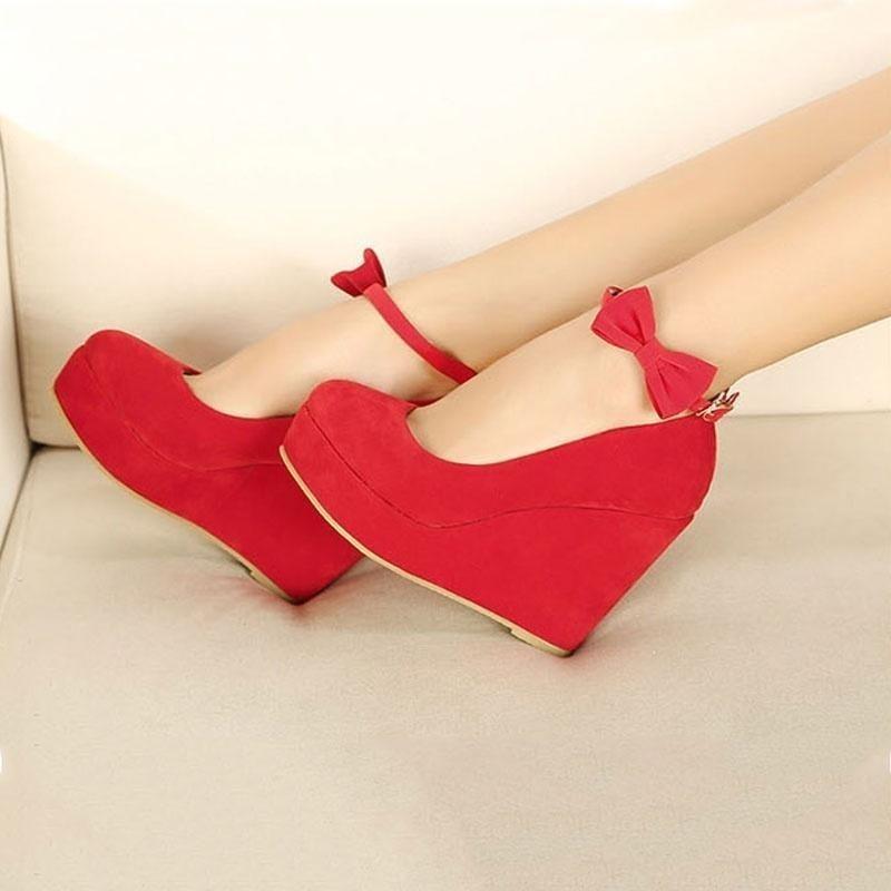 Elegant And Trendy New Fashion Women's Bow Tie Ankle Heel Platform Wedge Shoes