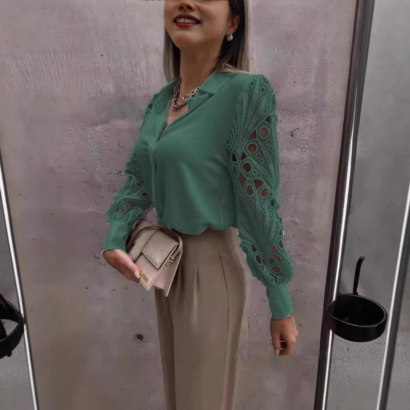 

Spring and summer new hot-selling women s solid-color lace splicing shirt shirt women s M темно-зеленого