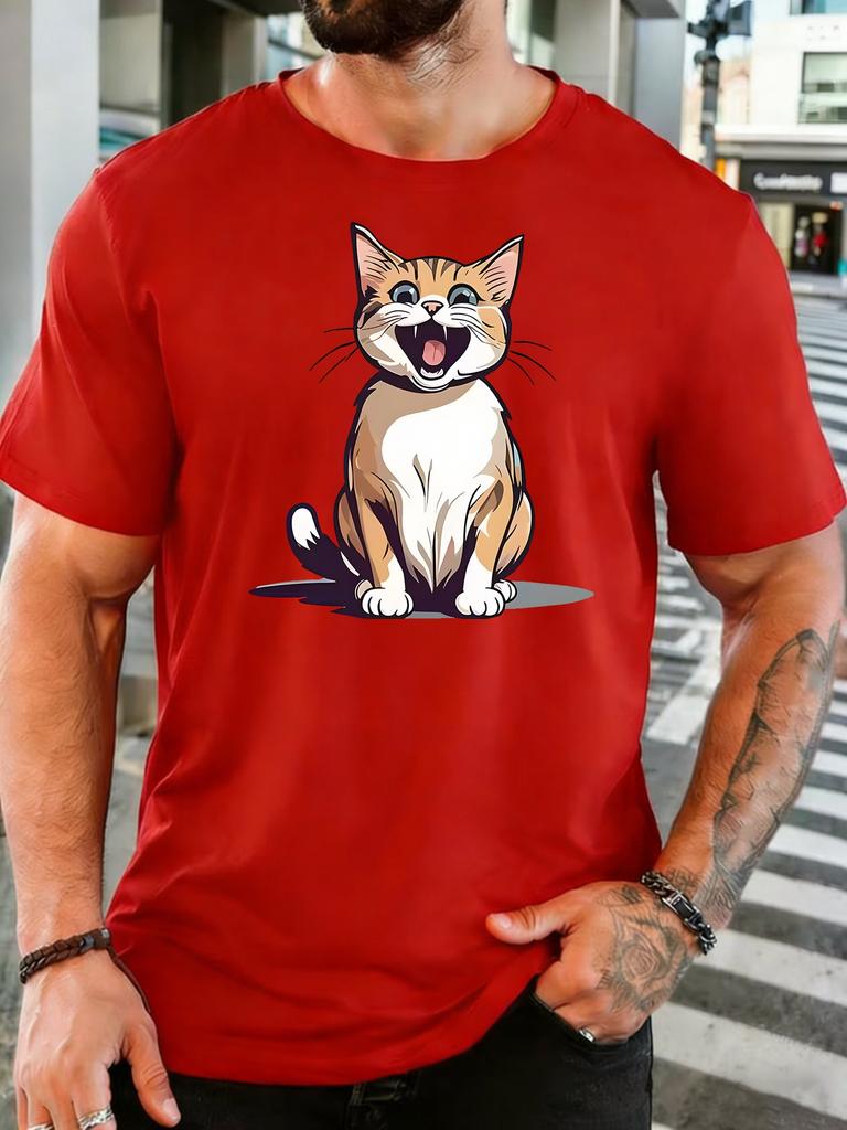Loud Meowing Tabby Cat Cartoon Graphic Unisexs Crew Neck Short Sleeve Cotton T Shirt Cute Pet Animal Print Male Street Casual Top