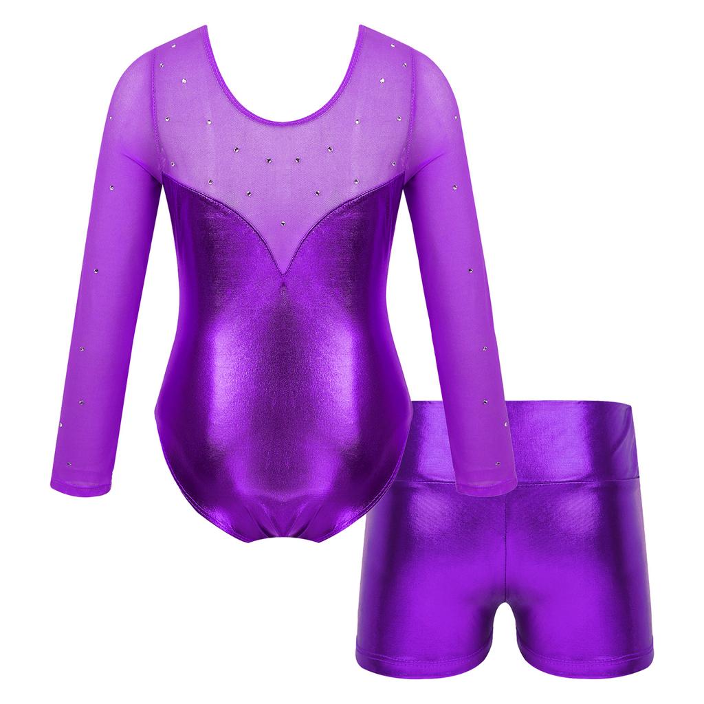 Mädchen Metallic Turnanzug Langarm Strass Patchwork Design High Waist Shorts Performance Set