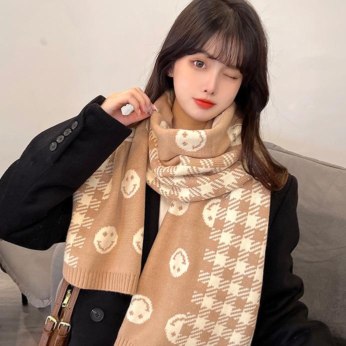 Houndstooth Smiley Face Knitted Scarf for Women Winter Korean Version Versatile Ins Trendy Thickened Warm Student Woolen Scarf for Men