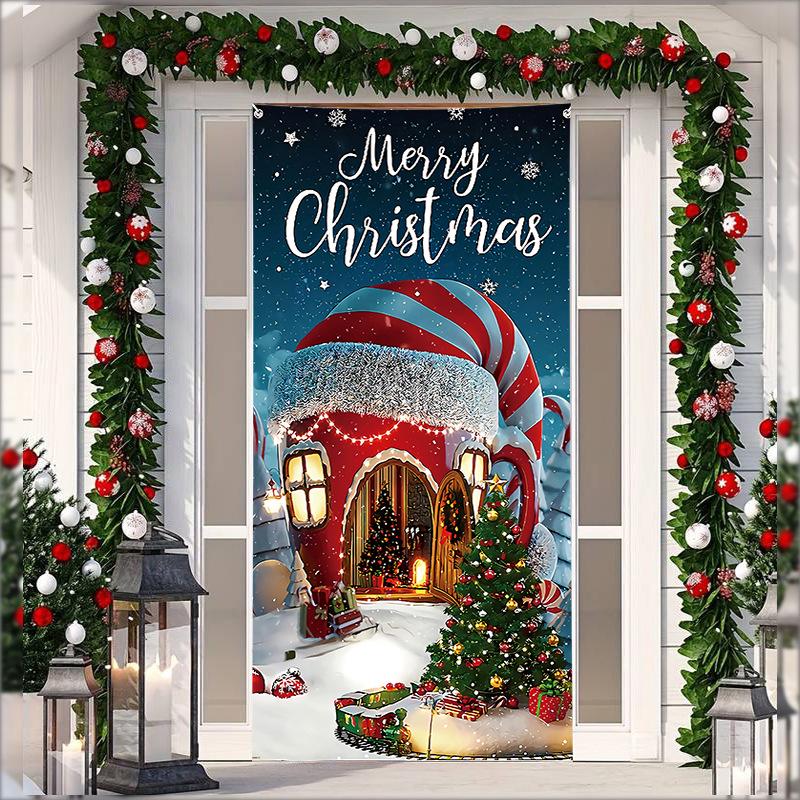 Stretch Fabric Christmas Door Tapestry - Santa Claus Gift Background for Holiday Parties