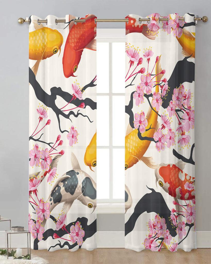 Japanese Style Carp Cherry Blossom Sheer Curtains for Living Room Decoration Window Curtains Kitchen Tulle Voile Curtains