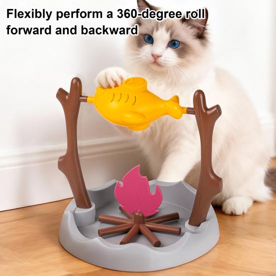 Drehender Fisch Katzenleckerli-Spender Interaktives Gegrillter Fisch über Lagerfeuer Katzenspielzeug Spaß Langsamfresser Enrichment-Spielzeug für Wohnungskatzen Spieltraining