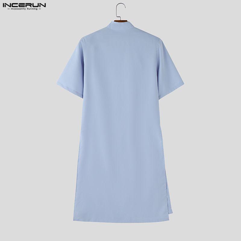 INCERUN Summer Men Stand Neck Short Sleeve  Splits Casual Long T-shirts Tee