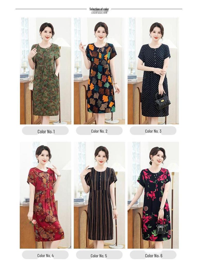 New Arrival Summer Cotton-Silk Knee-Length Loose Plus Size Short-Sleeved Dress for Mom