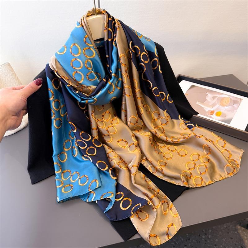 New Printed Imitation Silk Brocade Fashion Sunscreen Magic Chain Silk Scarf Long Scarf Shawl Versatile Headscarf Scarf