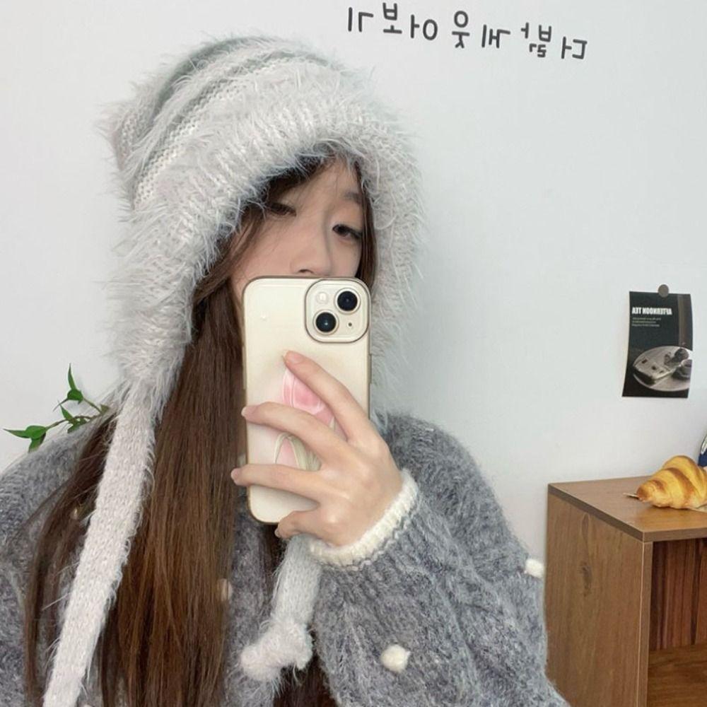 New Design Y2k Handbag-hat Hand-crocheted Pullover Beanie Hat Winter Striped Drawstring Hat  Women