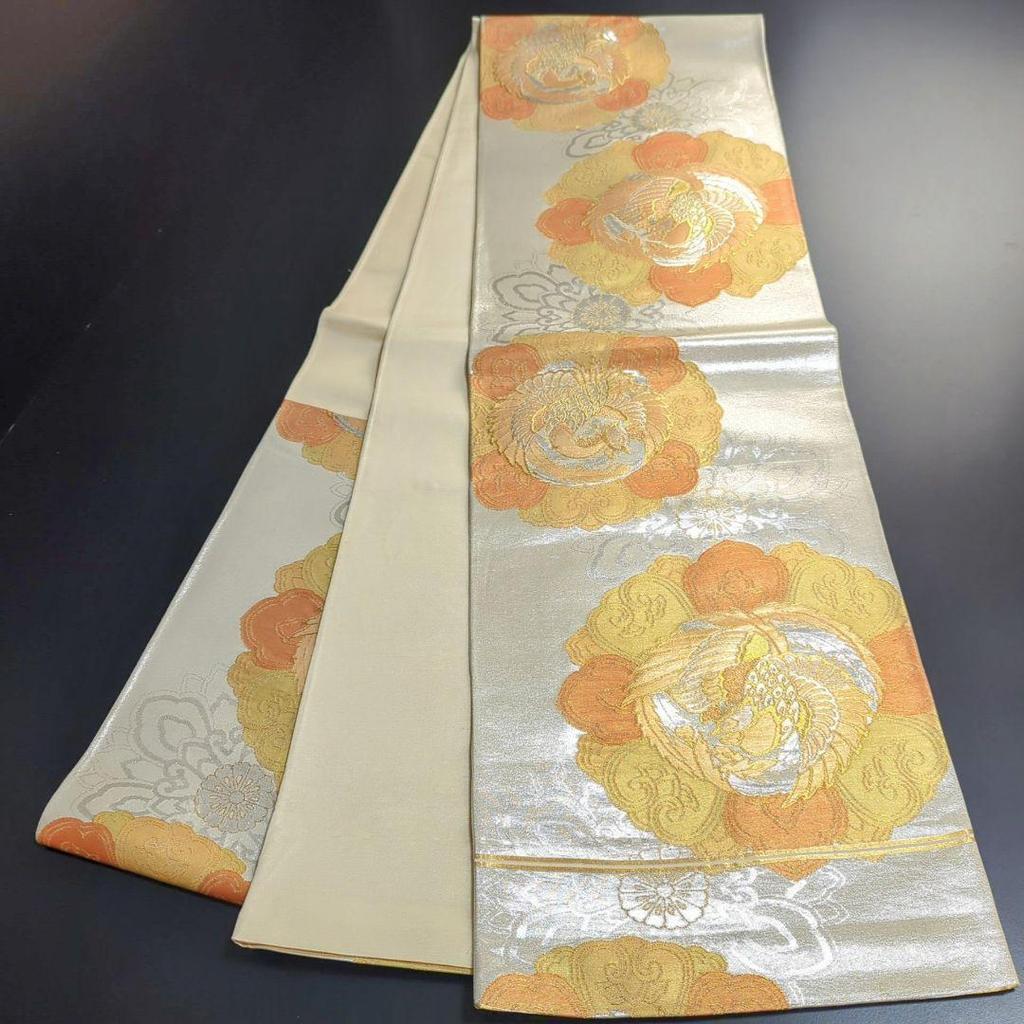 Used H-578 Fukuro obi, pure silk, six pieces, gold thread, silver thread, flower pattern, phoenix, untailored