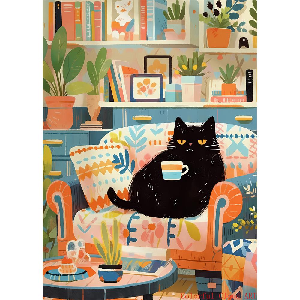 5D DIY Diamantmalerei Kreuzstich Stickerei Lustiges Tier Niedliche Schwarze Katze Weiße Katzen Vollrunde Bohrer Heimdekor Wandkunst Geschenk