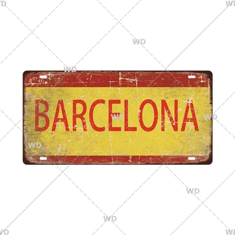 Spain City Metal Sign Licenses Plate Plaque Metal Vintage Tin Sign BARCELONA/MADRID/SEVILLE Flag Bar Pub Man Cave Club Poster