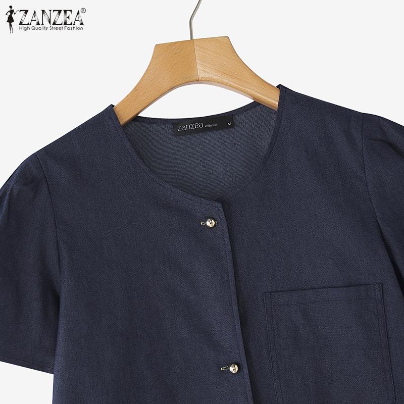 ZANZEA Women Casual Round Neck Button Short Sleeve Blouse