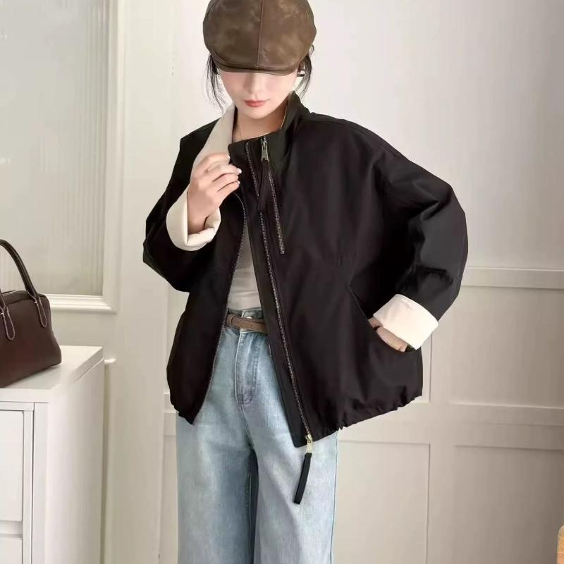 Women's Stand Collar Short Length Zip-Up Windbreaker Jacket Loose Casual Versatile Outerwear Top