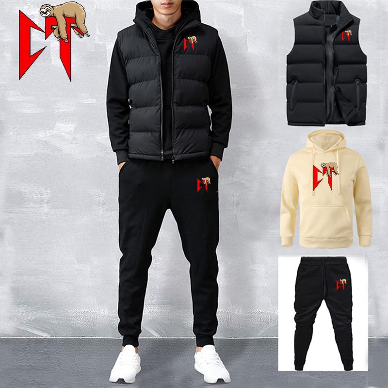 Men's Tracksuit  Vest+Hoodies+Sweatpants Suit Casual Jogger Sportswear 3 Piece Male Fleece Streetwear Sets