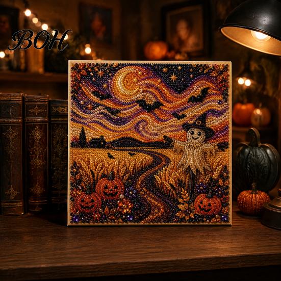 Jesienna Dekoracja Świąteczna Halloween Sztuczna Perła Artystyczna Zestaw DIY, Zestaw Rękodzieła Haftu Koralikowego 3D, Straszny Ręcznie Robiony Duch Dynia Koza Wiedźma Sztuka na Ścianę, Sezonowy