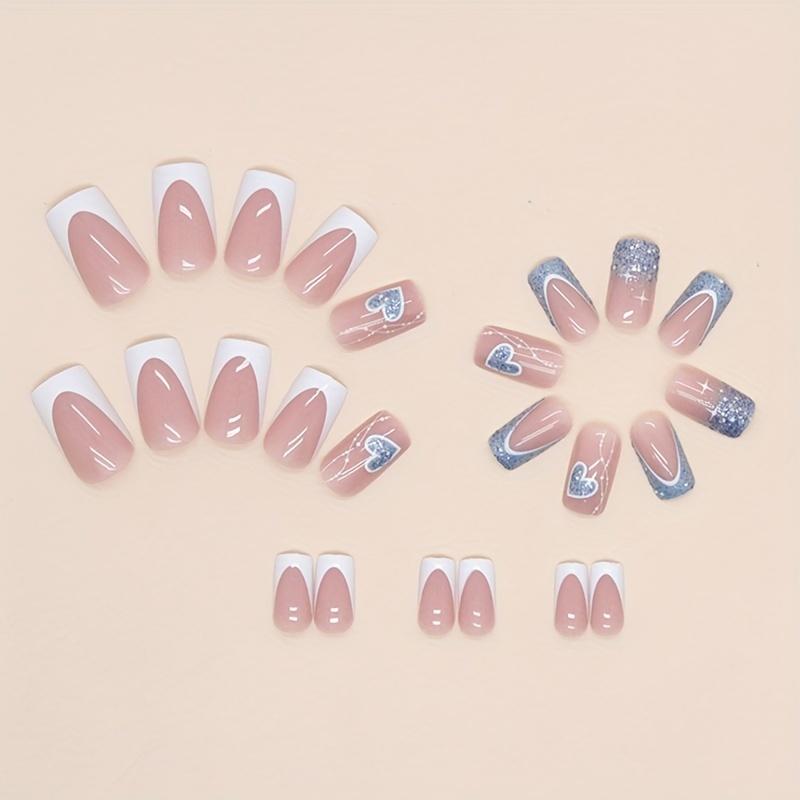 24PCS Short Square Press On Nails, Heart Pattern Design, Reusable Acrylic False Nails Kit for Women Gift