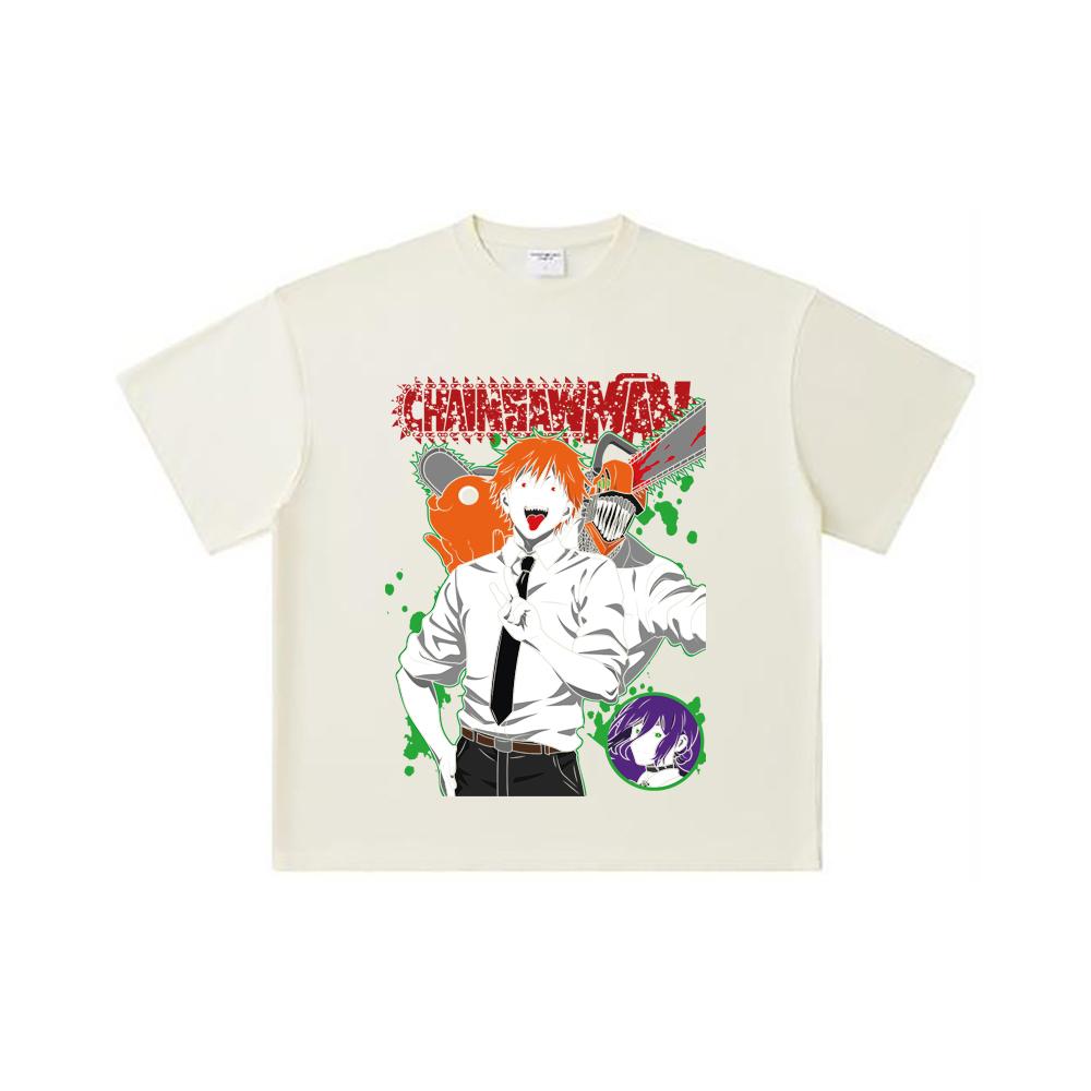 260 GSM Double Yarn 32 Count 100% Cotton Chainsaw Man V46 Denji Print Unisex Heavy Cotton T Shirt