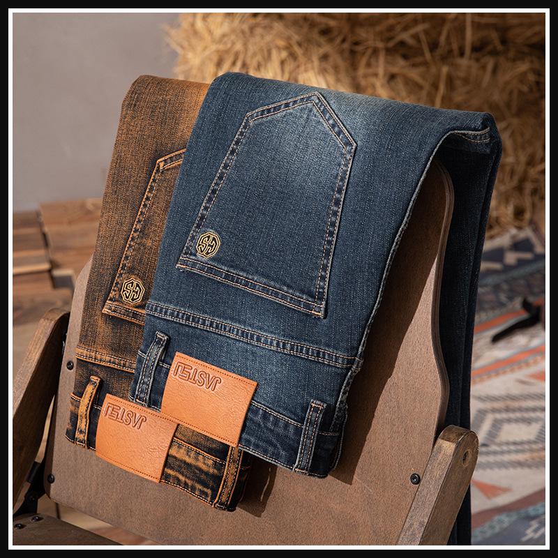 Men's Brown High-End Slim Elastic Jeans: Trendy Straight Casual Pants for Spring & Autumn 2024