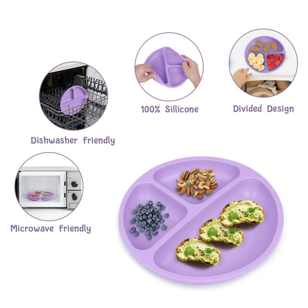 Vicloon Baby Suction Plate, 3Pcs Silicone Baby Suction Plates, Non Slip Silicone Baby Weaning Plate, Divided Dishes for Toddler Kids Self Feeding, Fi