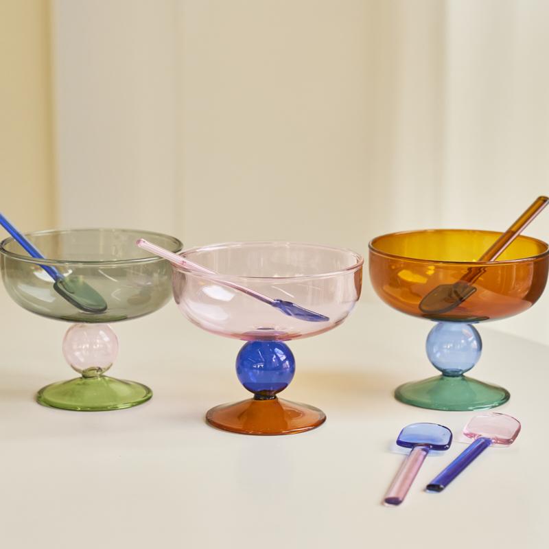 Colorful Glass Bowl Icecream Bowl Glass Bowl for Yoghurt Cute Japanese Tableware Soup Bowl Fruit Bowl Glass Spoon