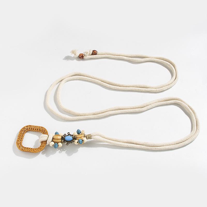 Bohemian Round Wood Waxed Rope Woven and Knotted, Ethnic Style Handcrafted Turquoise Women's Hemp Rope, Leisure and Vacation Style Waist Rope