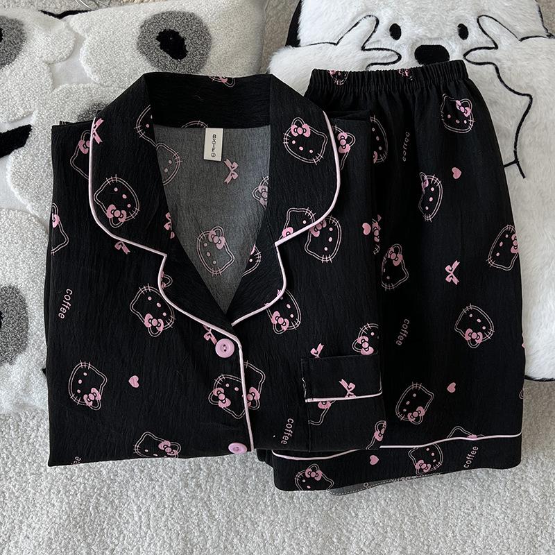 Korean Style Women s Summer Cartoon Pajama Set - Short Sleeve Cardigan with Shorts, Cloud Cotton Lapel M-L