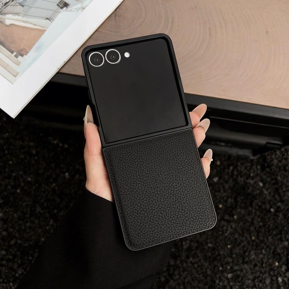 Minimalist Lychee Pattern Leather Feel Phone Case for Samsung Galaxy Flip 7 6 5 4 FE Solid Color Foldable Screen Protect Cover