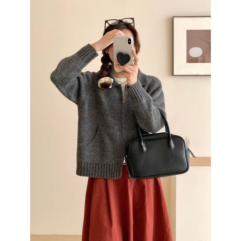 

Женский вязаный кардиган с лацканами на двойной молнии, осенне-зимний, новый, повседневный, свободный, ленивый свитер-куртка one size fits all темно-серого