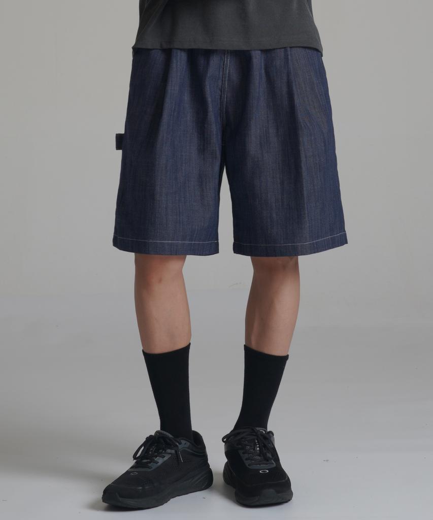 Noming Denim One-Pleat Strap Wide Bermuda Shorts - Blue