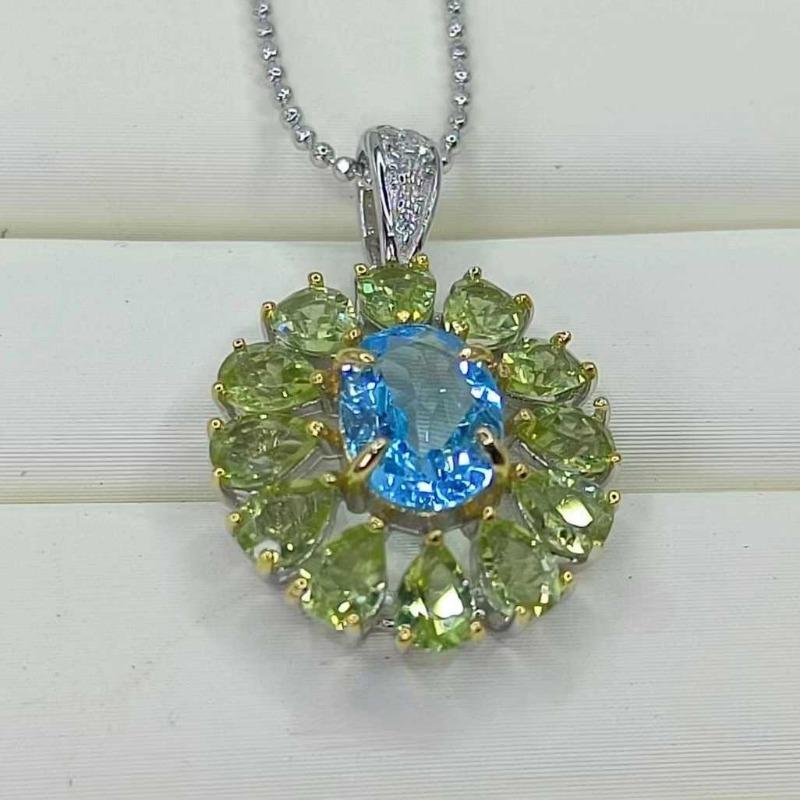 Sace Gems Anhänger für Damen, 925er Sterlingsilber, natürlicher Schweizer Blautopas und Peridot, Halskette, edler Schmuck, Geschenke