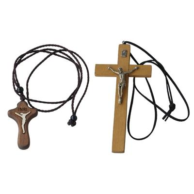 Retro Men Women Necklace with Black Rope Cross Pendant Christian Religious Natural Wooden for Children Boys Girls