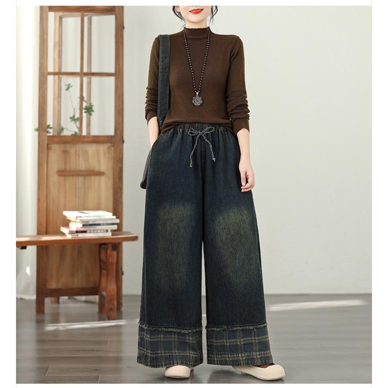 DIMANAF 2026 Summer New Plus Size Women Jeans Elastic Waist Long Pants Loose Casual Denim Cotton Trousers Plaid