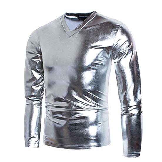 Erkek T-shirt Parlak Görünüm Düz Renk Uzun Kollu Üst V Yaka Slim Fit T-shirt Gece Kulübü Parti Performansı Kostümleri