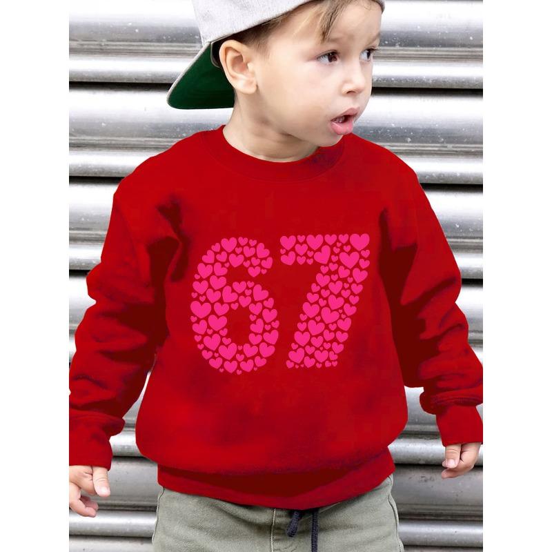 Birthday Kids Sweatshirt Over 4Y Unisex Boys Girls Pink Heart Shaped Number 67 Graphic Crewneck Soft Fleece Long Sleeve Pullover For 4-12 Children