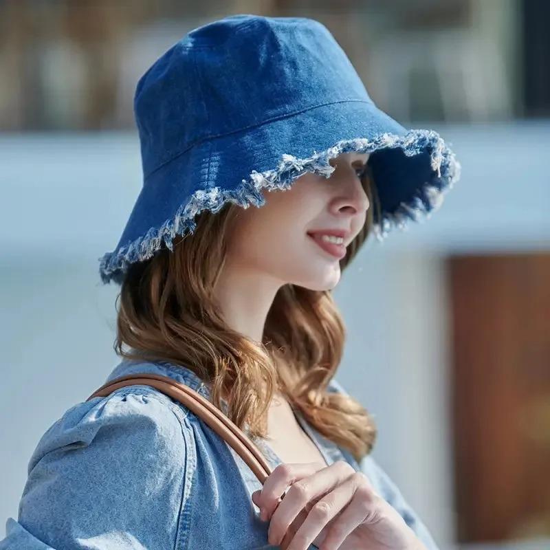 Zealous Sole Women's 2026 Trendy Frayed Edge Denim Bucket Hat For Summer Beach Hat Premium Hat Frayed Brim Sun Protection Casual Cap