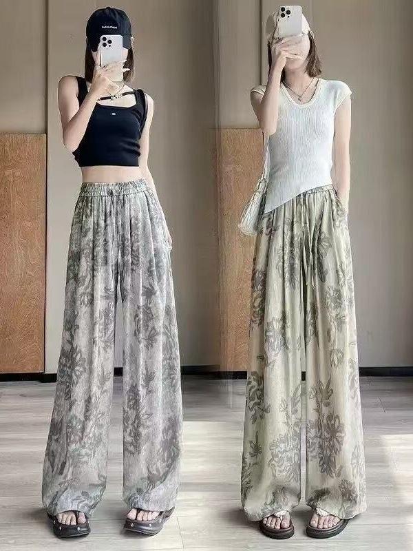 2025 Summer Retro Print High-Waisted Wide-Leg Pants - Slimming, Loose, and Lightweight for Women