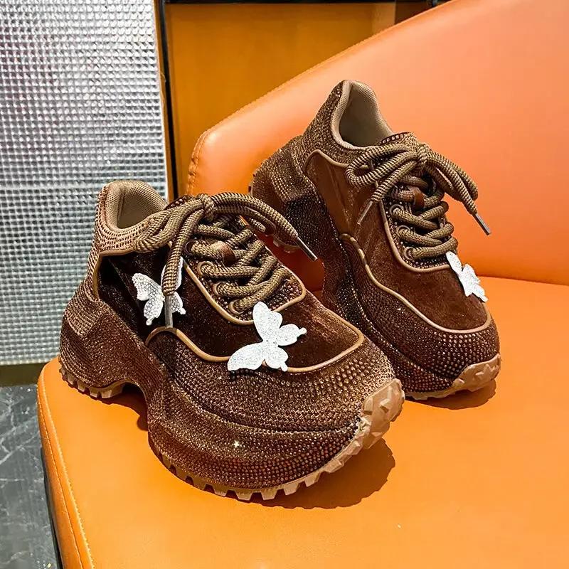 Luxury Rhinestone Butterfly Platform Sneakers Women Winter Sequin Fabric Thick Bottom Sports Shoes Designer Female Sneakers
